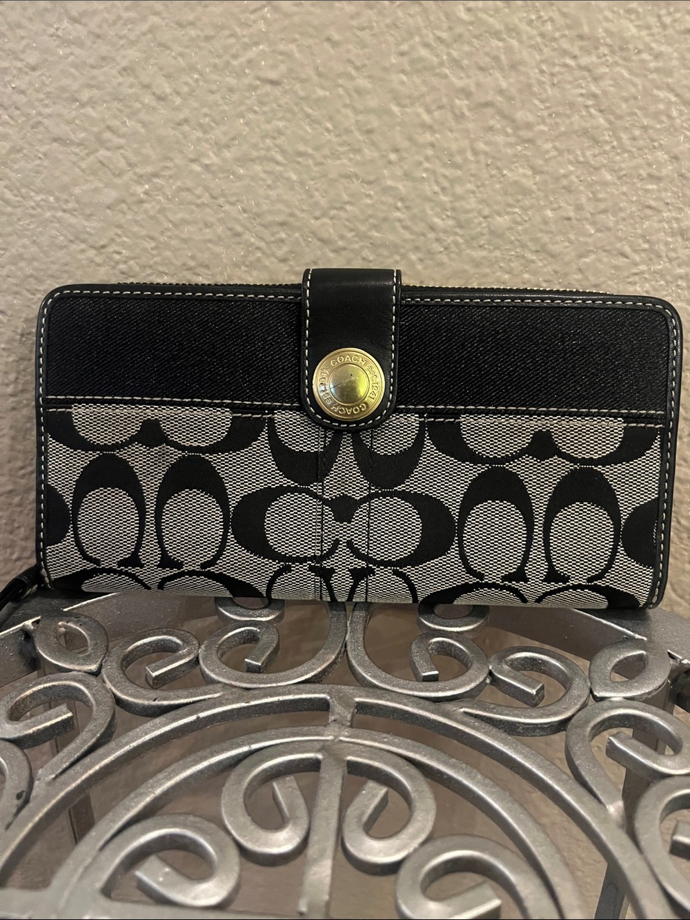Coach Black and Grey Signature Snap-Closure Wallet